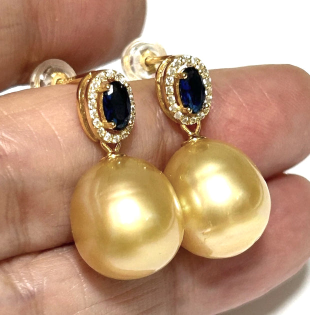 Oval Huge 11.5 x 12.6mm Rich Gold South Sea Pearl Dangle Earrings