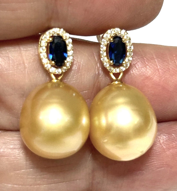 Oval Huge 11.5 x 12.6mm Rich Gold South Sea Pearl Dangle Earrings