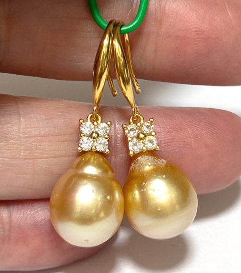 Smooth 11.1 x 12.7mm Deep Gold South Sea Oval Pearl Dangle Earrings