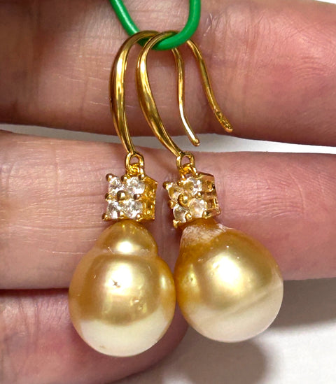 Smooth 11.1 x 12.7mm Deep Gold South Sea Oval Pearl Dangle Earrings