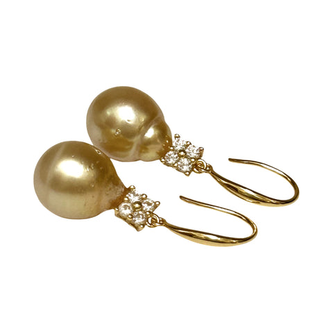 Smooth 11.1 x 12.7mm Deep Gold South Sea Oval Pearl Dangle Earrings