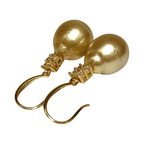 Smooth 11.1 x 12.7mm Deep Gold South Sea Oval Pearl Dangle Earrings
