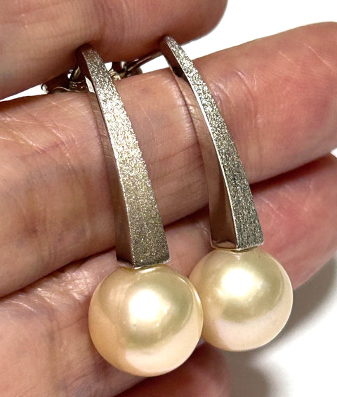 Fantastic 10.5 - 11mm Peach Edison Round Cultured Pearl Dangle Earrings