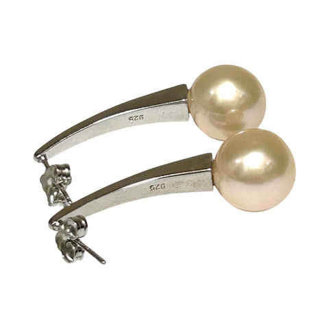 Fantastic 10.5 - 11mm Peach Edison Round Cultured Pearl Dangle Earrings