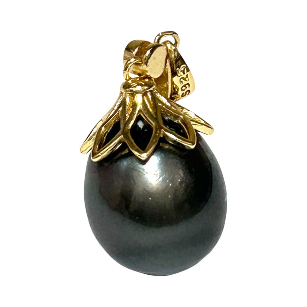 Large 12.6 x 14.3mm Tahitian Sea Peacock Black Green Pearl Pendant
