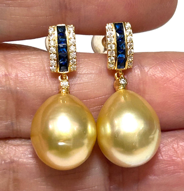 Oval Shiny 11.2 x 13mm Natural Gold South Sea Pearl Dangle Earrings