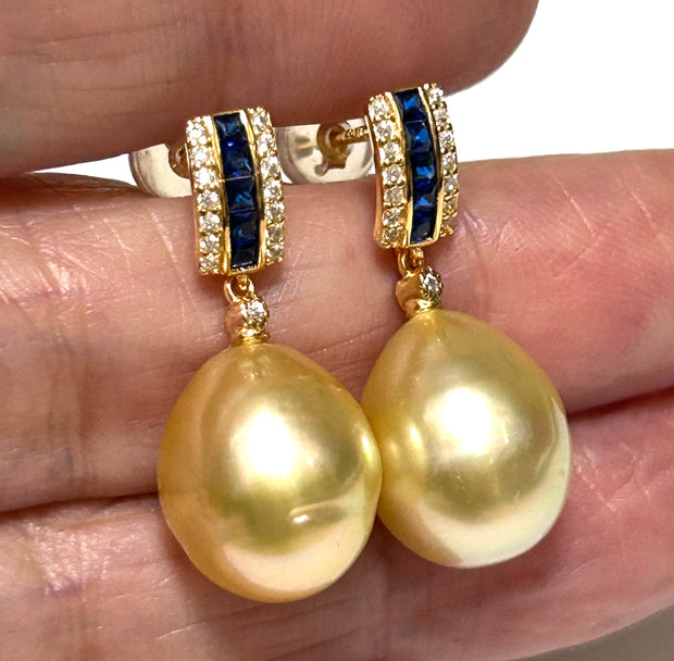 Oval Shiny 11.2 x 13mm Natural Gold South Sea Pearl Dangle Earrings