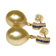 Oval Shiny 11.2 x 13mm Natural Gold South Sea Pearl Dangle Earrings