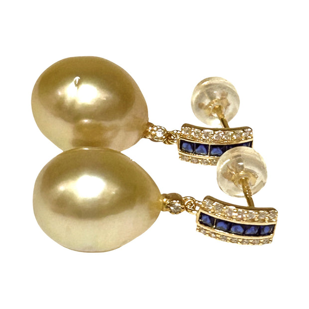 Oval Shiny 11.2 x 13mm Natural Gold South Sea Pearl Dangle Earrings