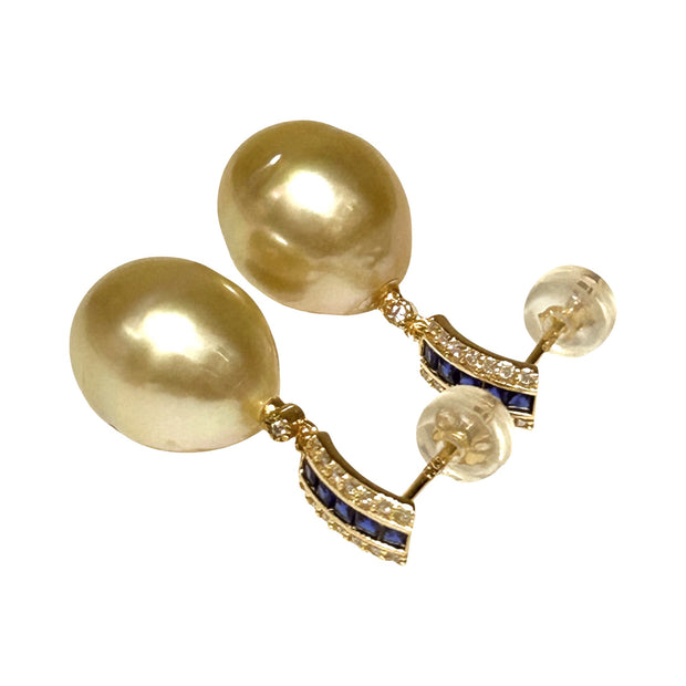 Oval Shiny 11.2 x 13mm Natural Gold South Sea Pearl Dangle Earrings