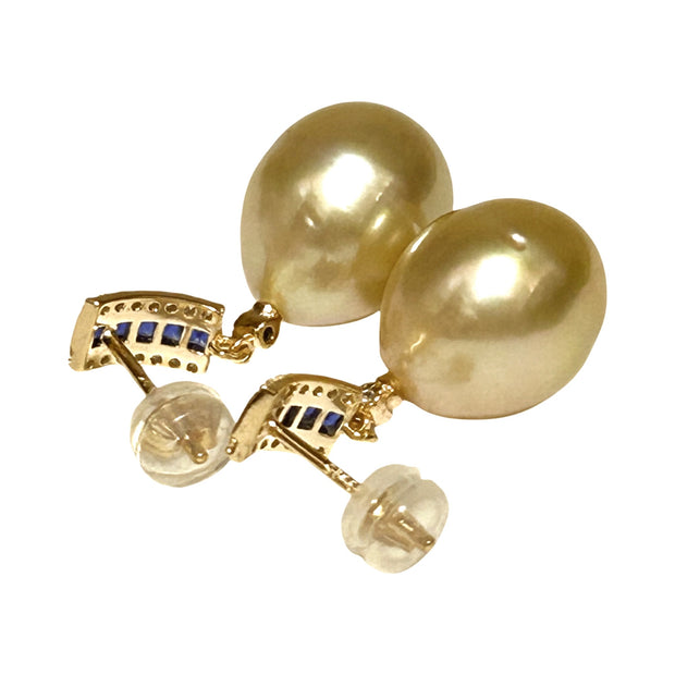 Oval Shiny 11.2 x 13mm Natural Gold South Sea Pearl Dangle Earrings