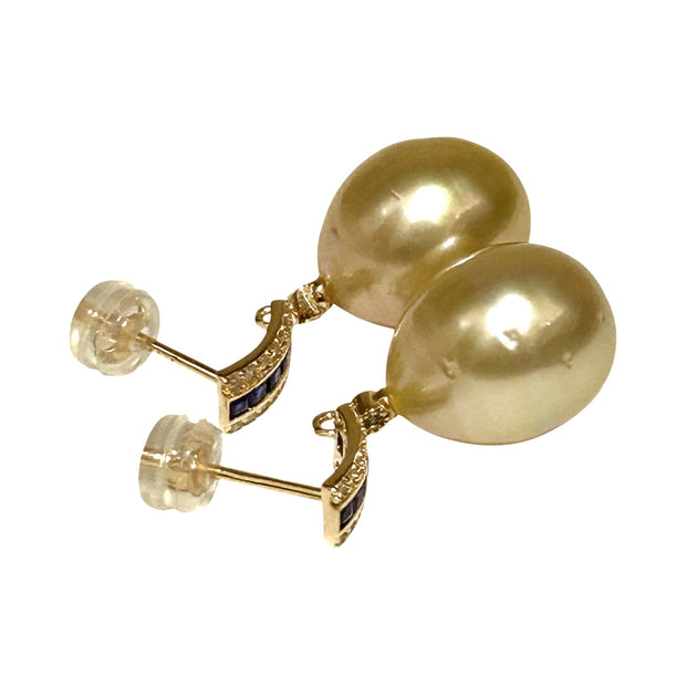 Oval Shiny 11.2 x 13mm Natural Gold South Sea Pearl Dangle Earrings