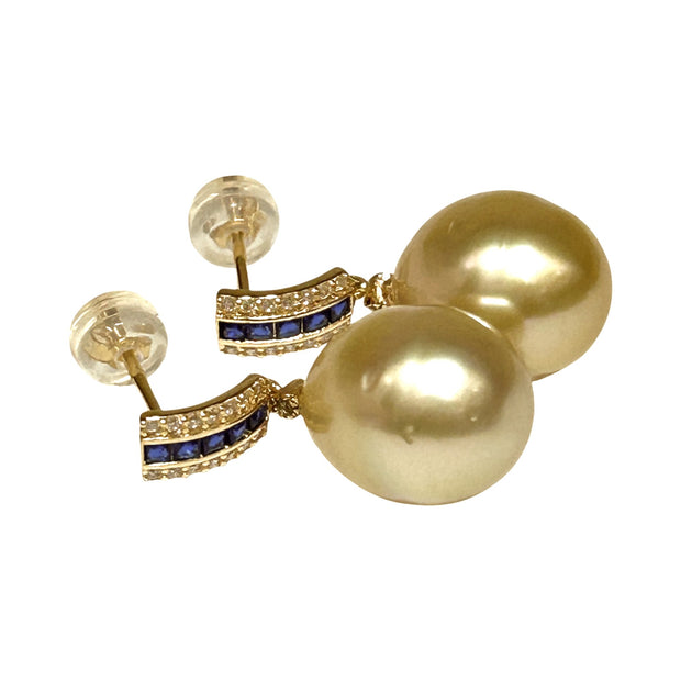 Oval Shiny 11.2 x 13mm Natural Gold South Sea Pearl Dangle Earrings