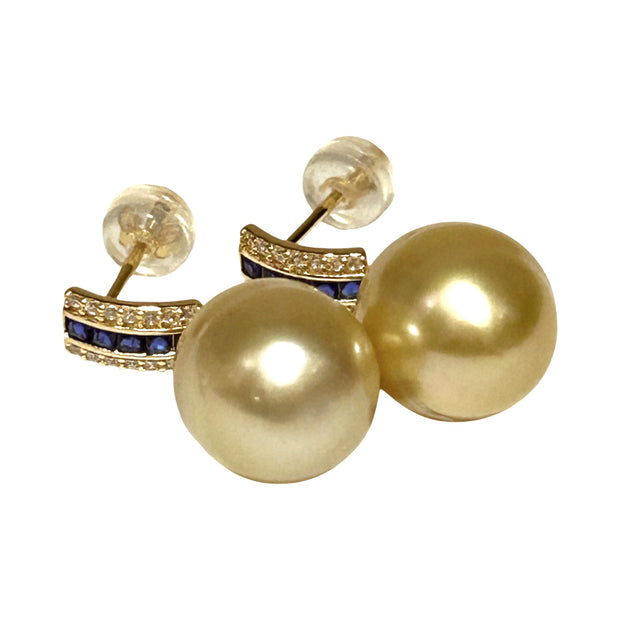 Oval Shiny 11.2 x 13mm Natural Gold South Sea Pearl Dangle Earrings