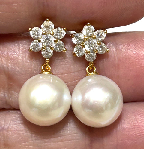 5A Quality 10.5mm Natural White Round Edison Pearl Dangle Earrings
