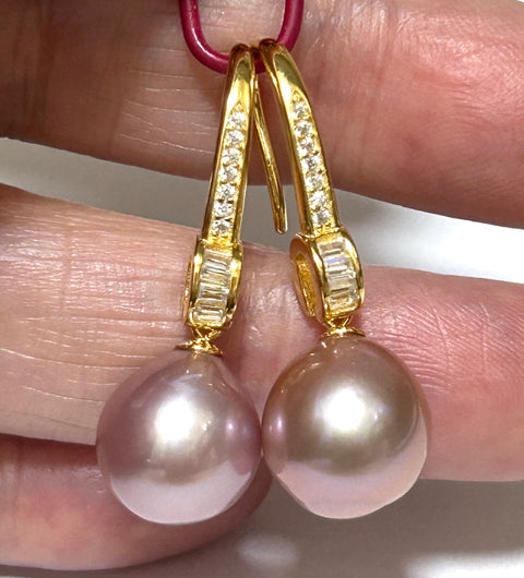 Elegant Oval Round 10.5x11mm Purple Pink Edison Cultured Pearl Dangle Earrings
