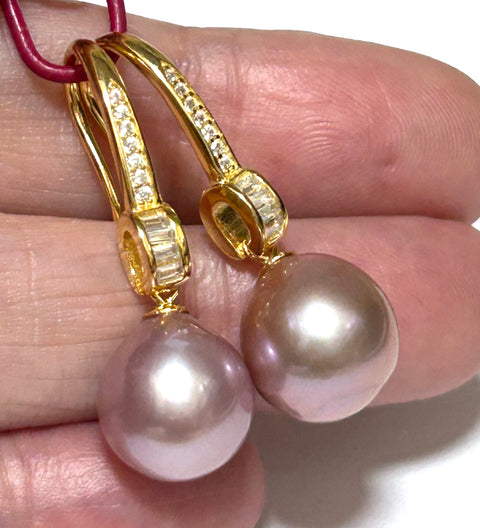 Elegant Oval Round 10.5x11mm Purple Pink Edison Cultured Pearl Dangle Earrings