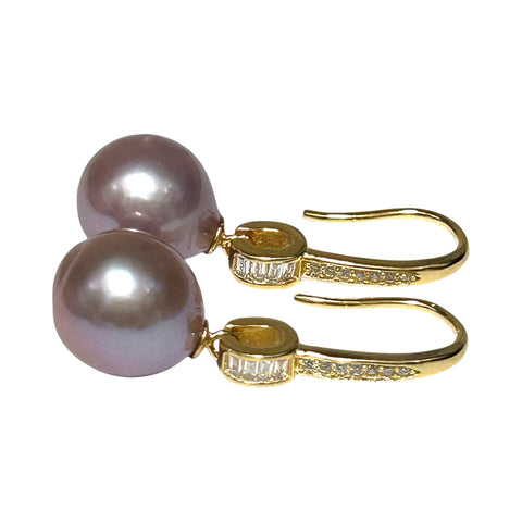 Elegant Oval Round 10.5x11mm Purple Pink Edison Cultured Pearl Dangle Earrings