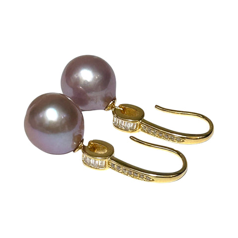 Elegant Oval Round 10.5x11mm Purple Pink Edison Cultured Pearl Dangle Earrings