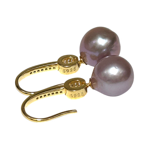 Elegant Oval Round 10.5x11mm Purple Pink Edison Cultured Pearl Dangle Earrings
