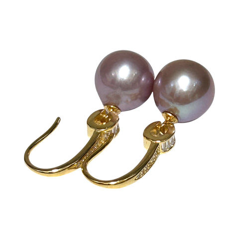Elegant Oval Round 10.5x11mm Purple Pink Edison Cultured Pearl Dangle Earrings