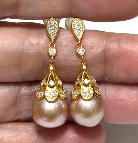 Natural Purple Rose Pink 11 x 12mm Edison Round Pearl Dangle Earrings