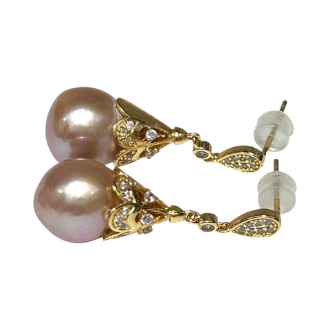 Natural Purple Rose Pink 11 x 12mm Edison Round Pearl Dangle Earrings