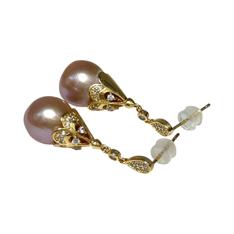 Natural Purple Rose Pink 11 x 12mm Edison Round Pearl Dangle Earrings