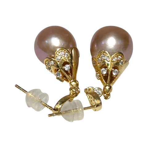 Natural Purple Rose Pink 11 x 12mm Edison Round Pearl Dangle Earrings
