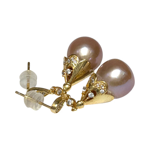 Natural Purple Rose Pink 11 x 12mm Edison Round Pearl Dangle Earrings