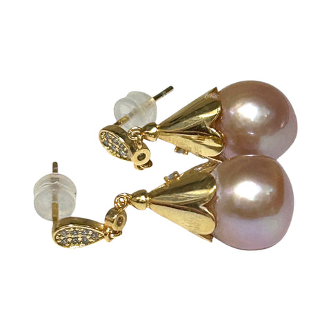 Natural Purple Rose Pink 11 x 12mm Edison Round Pearl Dangle Earrings