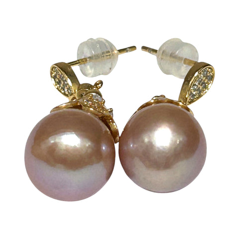 Natural Purple Rose Pink 11 x 12mm Edison Round Pearl Dangle Earrings