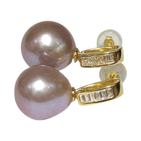 Classy 11mm Purple Rose Pink Round Edison Pearl Dangle Earrings