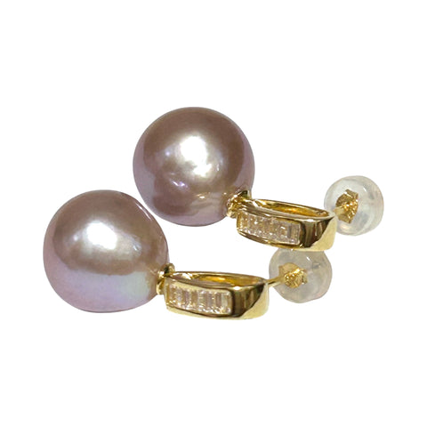 Classy 11mm Purple Rose Pink Round Edison Pearl Dangle Earrings