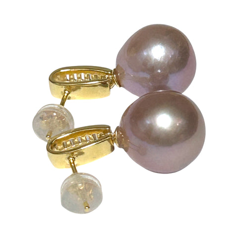 Classy 11mm Purple Rose Pink Round Edison Pearl Dangle Earrings