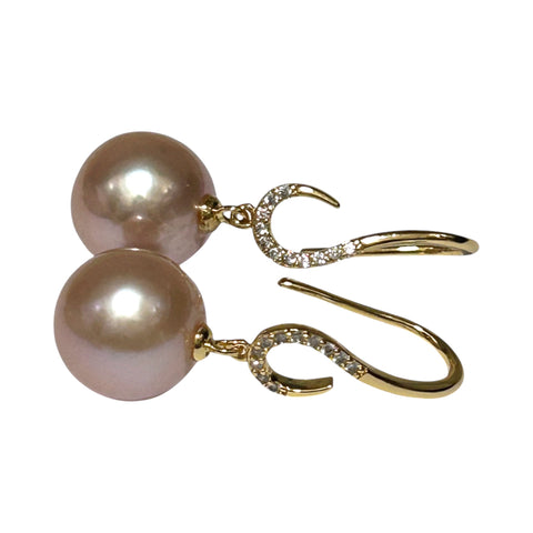 Round Edison 10.5 - 11mm Cultured Purple Pink Pearl Dangle Earrings