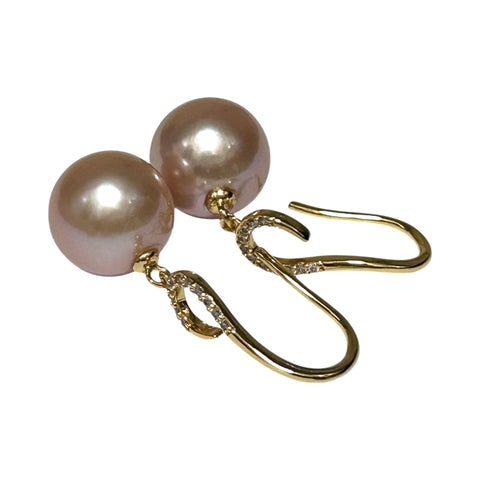 Round Edison 10.5 - 11mm Cultured Purple Pink Pearl Dangle Earrings