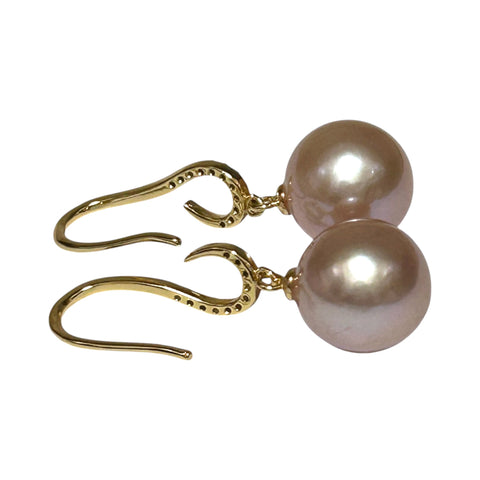Round Edison 10.5 - 11mm Cultured Purple Pink Pearl Dangle Earrings