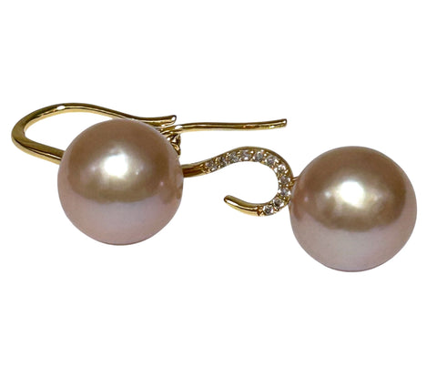 Round Edison 10.5 - 11mm Cultured Purple Pink Pearl Dangle Earrings