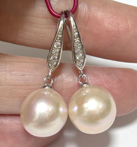 Round White Pinkish 11.5- 11.7mm Edison Cultured Pearl Dangle Earrings