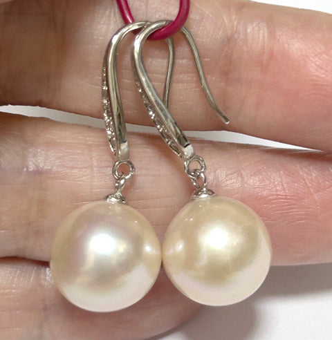 Round White Pinkish 11.5- 11.7mm Edison Cultured Pearl Dangle Earrings