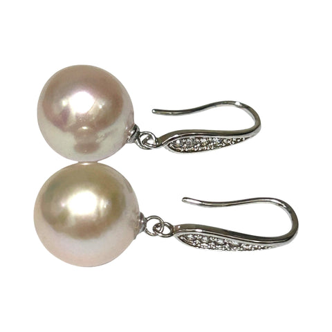 Round White Pinkish 11.5- 11.7mm Edison Cultured Pearl Dangle Earrings