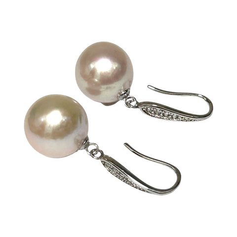 Round White Pinkish 11.5- 11.7mm Edison Cultured Pearl Dangle Earrings