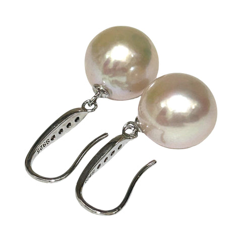 Round White Pinkish 11.5- 11.7mm Edison Cultured Pearl Dangle Earrings