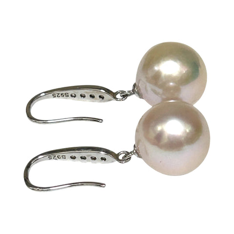 Round White Pinkish 11.5- 11.7mm Edison Cultured Pearl Dangle Earrings