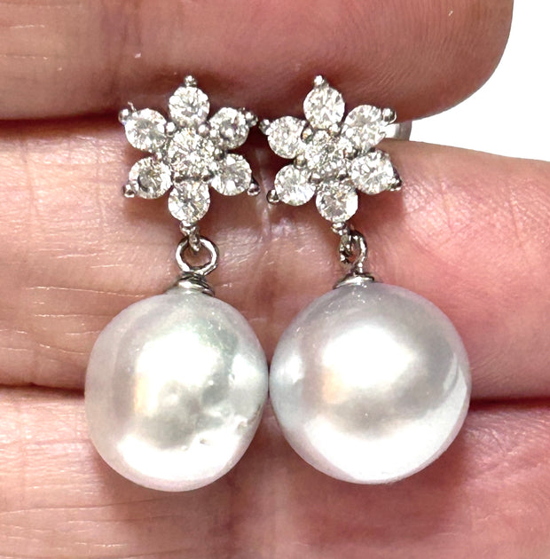 Round 10.9mm Indonesian Silver White South Sea Pearl Dangle Earrings