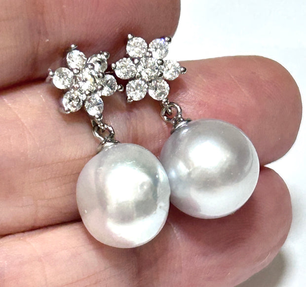 Round 10.9mm Indonesian Silver White South Sea Pearl Dangle Earrings