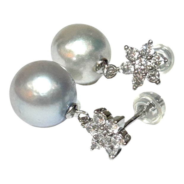 Round 10.9mm Indonesian Silver White South Sea Pearl Dangle Earrings