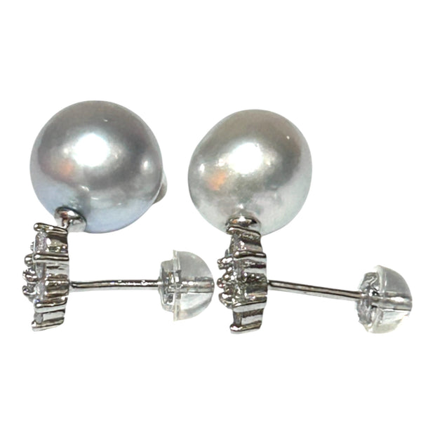 Round 10.9mm Indonesian Silver White South Sea Pearl Dangle Earrings