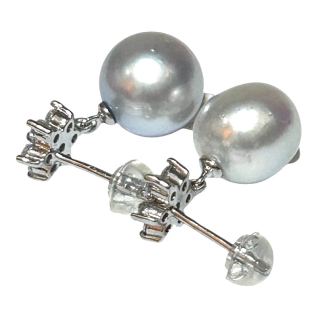 Round 10.9mm Indonesian Silver White South Sea Pearl Dangle Earrings